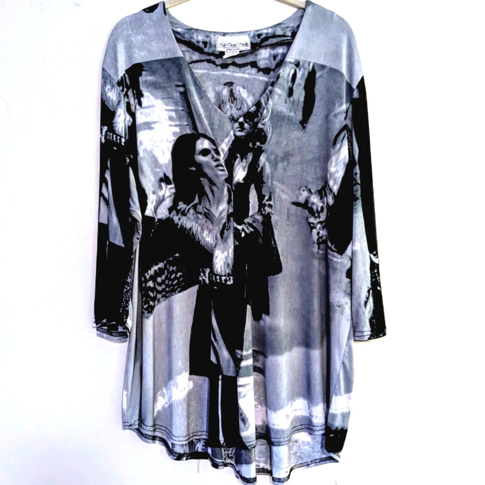 Sole Dione Studio Black Gray Artistic Print Tunic Top 1X USA